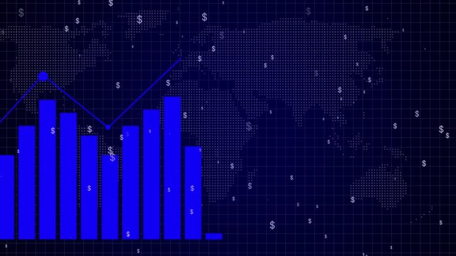 A dynamic blue bar graph and a rising blue line graph are superimposed on a dark blue map composed of tiny dots, with numerous white dollar signs scattered across the global background, suggesting