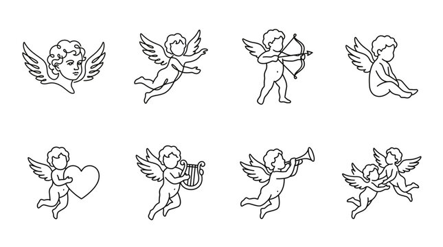 Set of hand drawn cute cupid cherub angels.