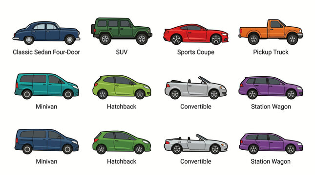 Set of various colorful car types and automotive body styles.