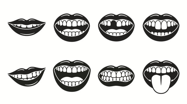 Set of various human mouth expressions with teeth and tongue.