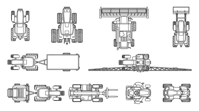 Set of agricultural machinery icons in top view line art style.