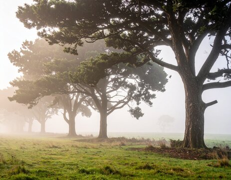 Misty morning trees in field