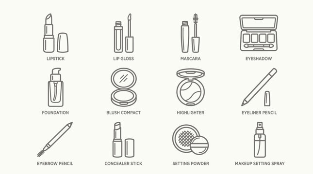 Set of beauty makeup icons in thin line style.