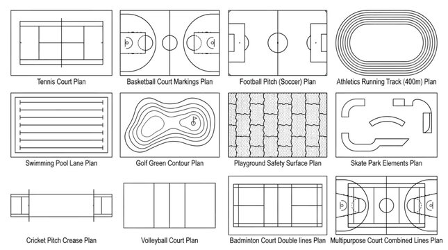Set of architectural line drawings showing various sports court and field layouts.