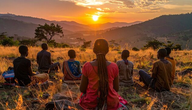 Group meditates at sunset