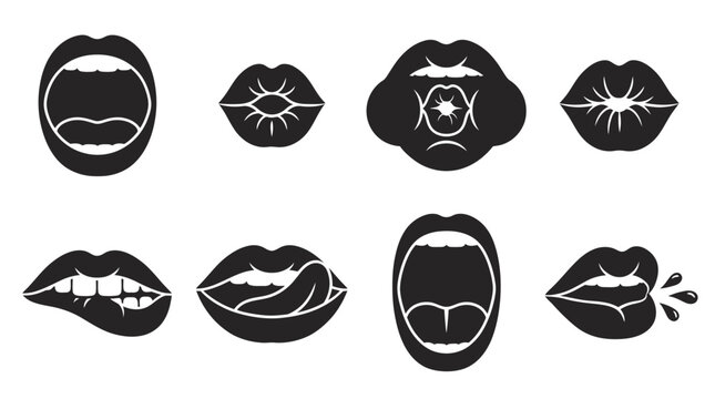Set of black and white icons featuring different mouth expressions.