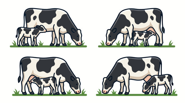 Set of cartoon Holstein cow and calf pairs grazing on green grass.