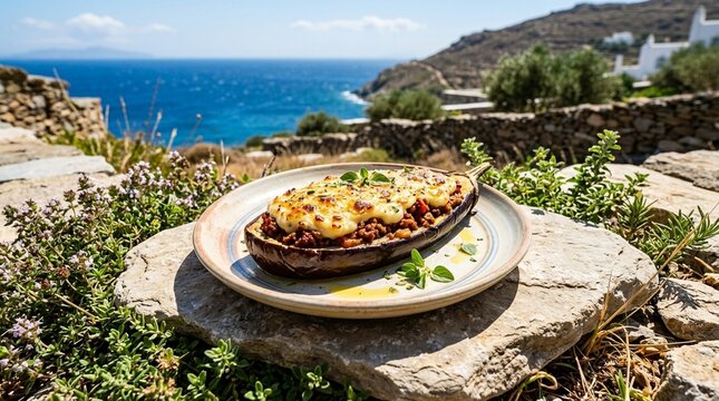 Papoutsakia stuffed aubergine papoutsakia stuffed aubergine boat with spiced meat and b&eacute;chamel cap on ceramic plate golden baked top three-quarter elevated