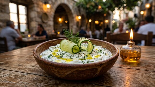 Tzatziki with cucumber ribbon Greek tzatziki with thin cucumber ribbon curled on top fresh dill olive oil drizzle in ceramic bowl close macro low table-level