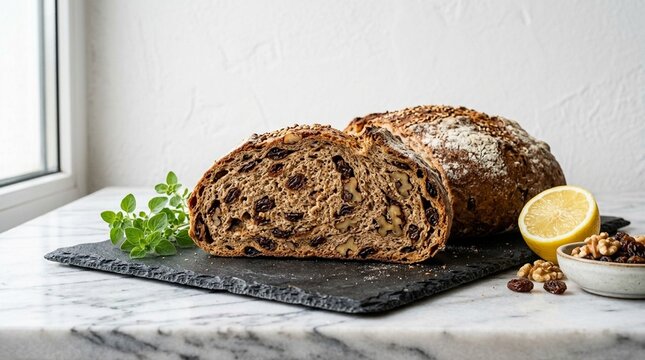 Stafidopsomo walnut raisin bread Greek walnut raisin stafidopsomo bread cross-section showing ingredients close overhead side profile hero showing