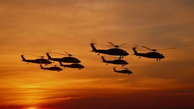 Helicopters flying in silhouette at sunset