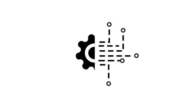 A white combining a gear and digital circuit on a black background representing technology and data processing