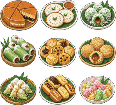 Indonesian traditional dessert and kue icon set