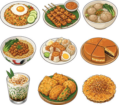 Indonesian food icon set with nasi goreng, satay, bakso, mie ayam, martabak and cendol