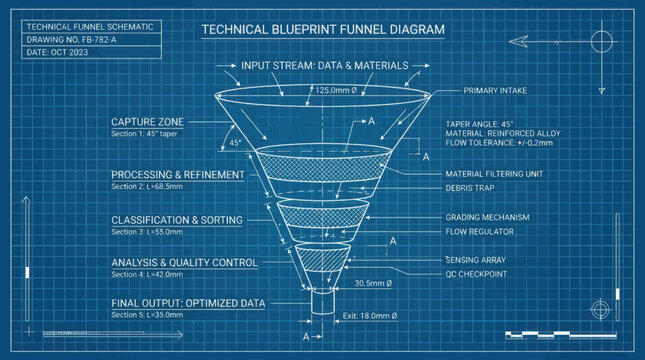 Technical blueprint schematic of a data funnel process on grid paper