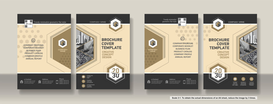 Brochure cover creative design. Multipurpose universal template, include cover and back pages. 
Trendy flat geometric style. Two sample layouts and color schemes. Vertical book a4 format. Scale 3:1