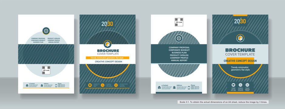 Brochure cover creative design. Multipurpose universal template, include cover and back pages. 
Trendy flat geometric style. Two sample layouts and color schemes. Vertical book a4 format. Scale 3:1