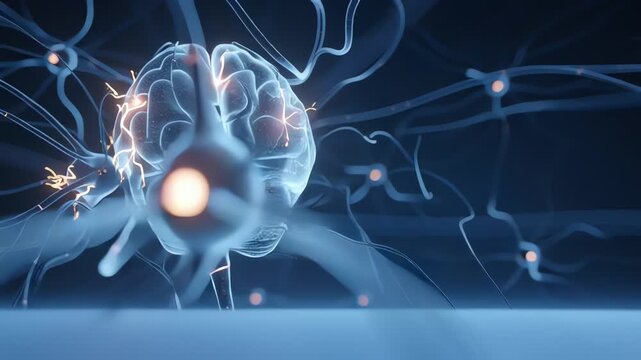 Human brain animation with glowing neural activity and synapses