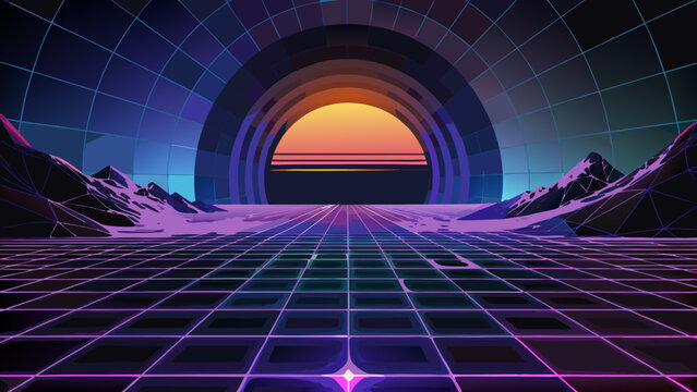 Retro 80s synthwave landscape with glowing sun grid floor and distant mountain peaks synthwave landscape vaporwave futuristic mountain background abstract perspective geometric nostalgia