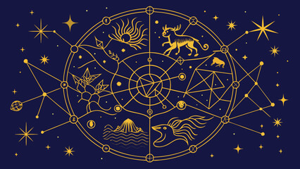 Abstract astrological zodiac constellation map with stylized mythological animals astrology constellation horoscope celestial mystical esoteric astronomy mythology alignment spiritual