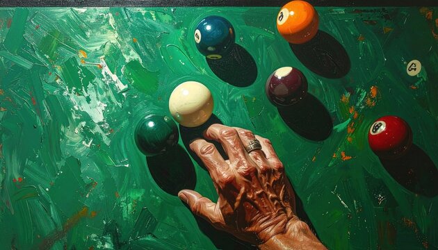 Painted close-up of a hand reaching for a pool ball on a green table