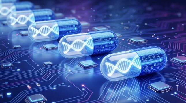 Digital Medicine and Genetic Engineering Concept with DNA Helix inside Capsule Pills on Electronic Circuit Board Background