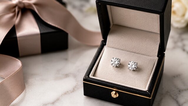 a close up of a pair of diamond earrings in a box. Professional high resolution general stock image suitable for commercial, editorial, advertising, website, social media, and print use.