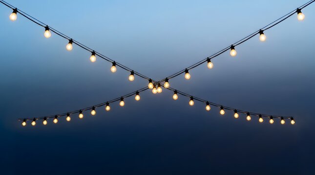 Warm light effect string lights against a gradient blue background