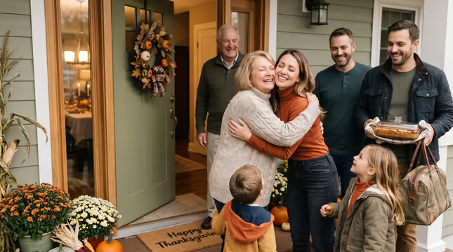 Large family greeting relatives at front door for Thanksgiving