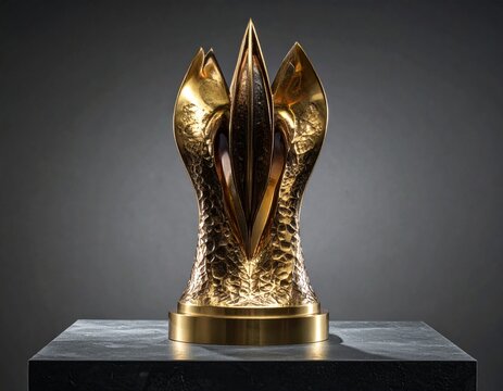 Sculpture crafted from shimmering bronze rests on a dark stone plinth under dramatic spotlighting to emphasize the intricate organic curves and high-contrast shadows of this contemporary art piece.