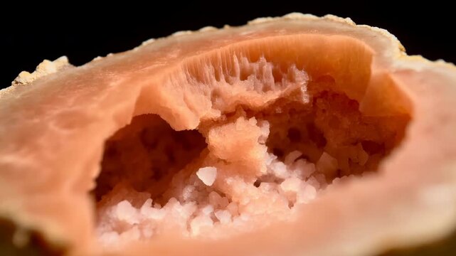 Close-up of raw pink meat with exposed fibrous texture