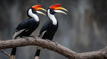 Obraz premium Exotic colorful birds perched on a branch in nature habitat
