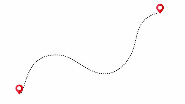 Travel route map animation, dotted path journey line, location pin navigation graphic, trip destination marker, road direction curve, minimal travel