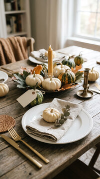 Autumn table setting with pumpkins and candles