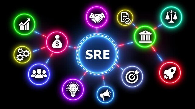 SRE mind map with glowing neon icons representing business concepts.