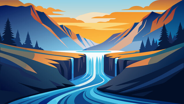 Flat vector landscape illustration of twin cascading waterfalls flowing into a river through mountain range with waterfall landscape mountain illustration wilderness cascading environment