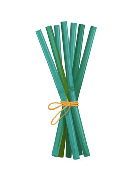 A bundle of green straws tied with an orange string on a white background