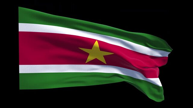 Professional animation of the Suriname flag waving in the wind, ideal for South American travel videos, cultural projects, education, web banner use, and national holiday visuals.
