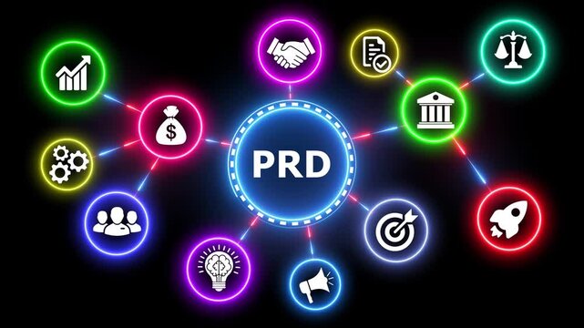 Neon prd document sign with business strategy icons in motion loop.