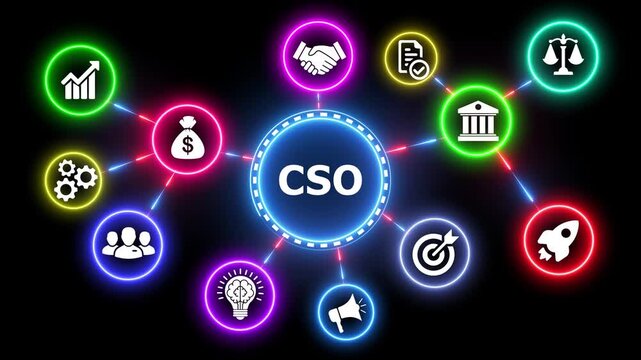 CSO Chief Strategy Officer animated infographic with pulsing neon icons.