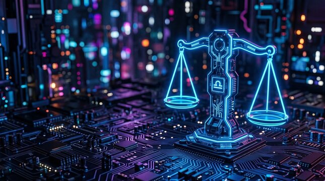 Digital Justice Scale on Futuristic Circuit Board