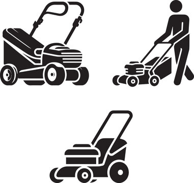 Set of Lawnmower Icons, Garden Grass Cutting and Yard Care Silhouettes