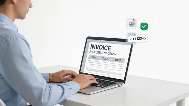 Man working on invoice on laptop