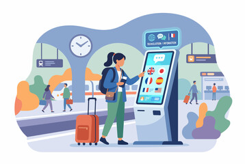Fototapeta premium Traveler using a self service information kiosk at a train station