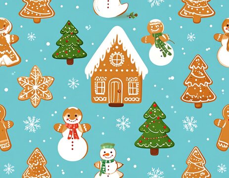Festive winter scene with gingerbread house and characters.