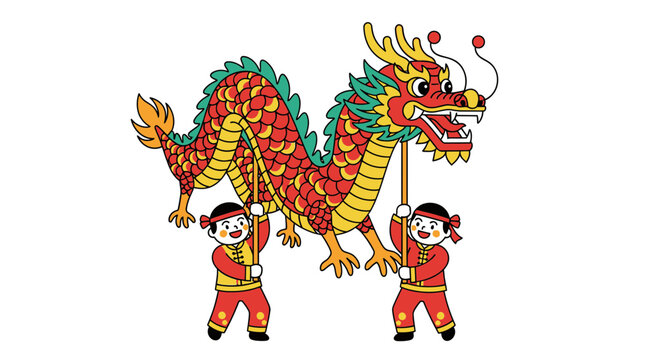Two people perform with a colorful dragon in a lively cultural event outdoors