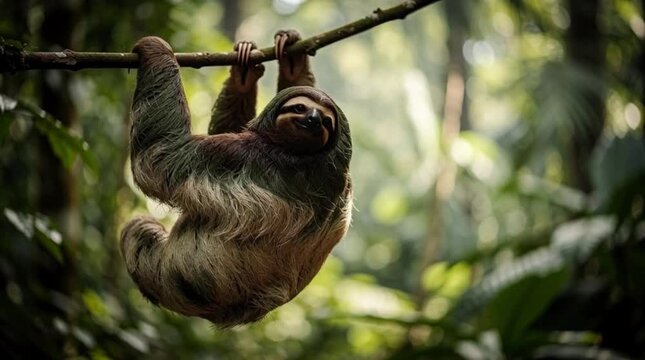 A sloth hangs from a tree branch in a lush rainforest, showcasing its unique nature and slow-paced life