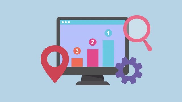 Monitor with top places on screen, magnifier and location marker 2d animation with alpha matte