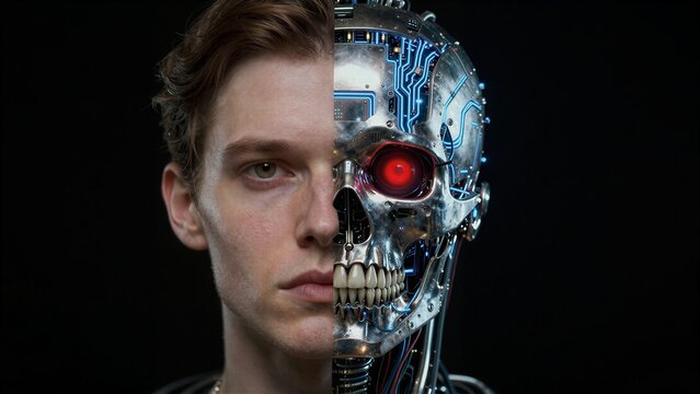 Human and robot face split, symbolizing humanity's relationship with artificial intelligence.