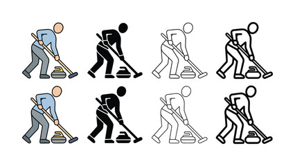 Curling players in different poses and colors sweeping ice with brooms and stones © MSTSENOARA